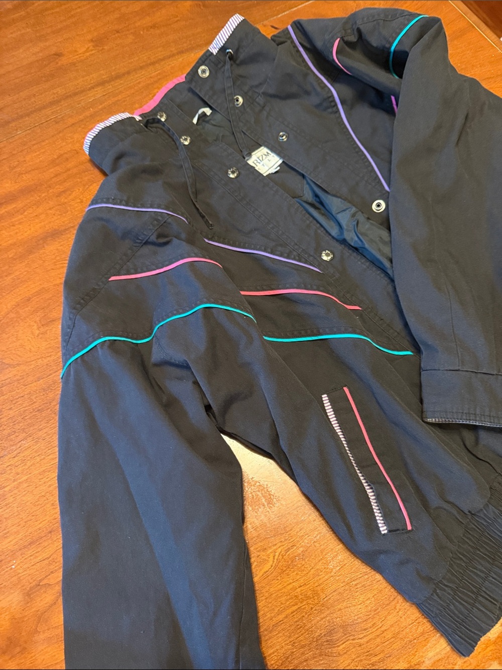 VINTAGE, Karizma Jacket, Black Jacket with Pink, Teal & Purple Piping, Sz L
